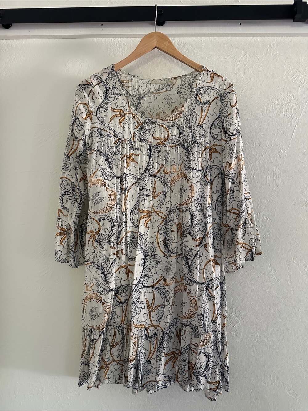 hinge Cream Floral Print Long Sleeve Swing Dress with Black & Tan Scrolls